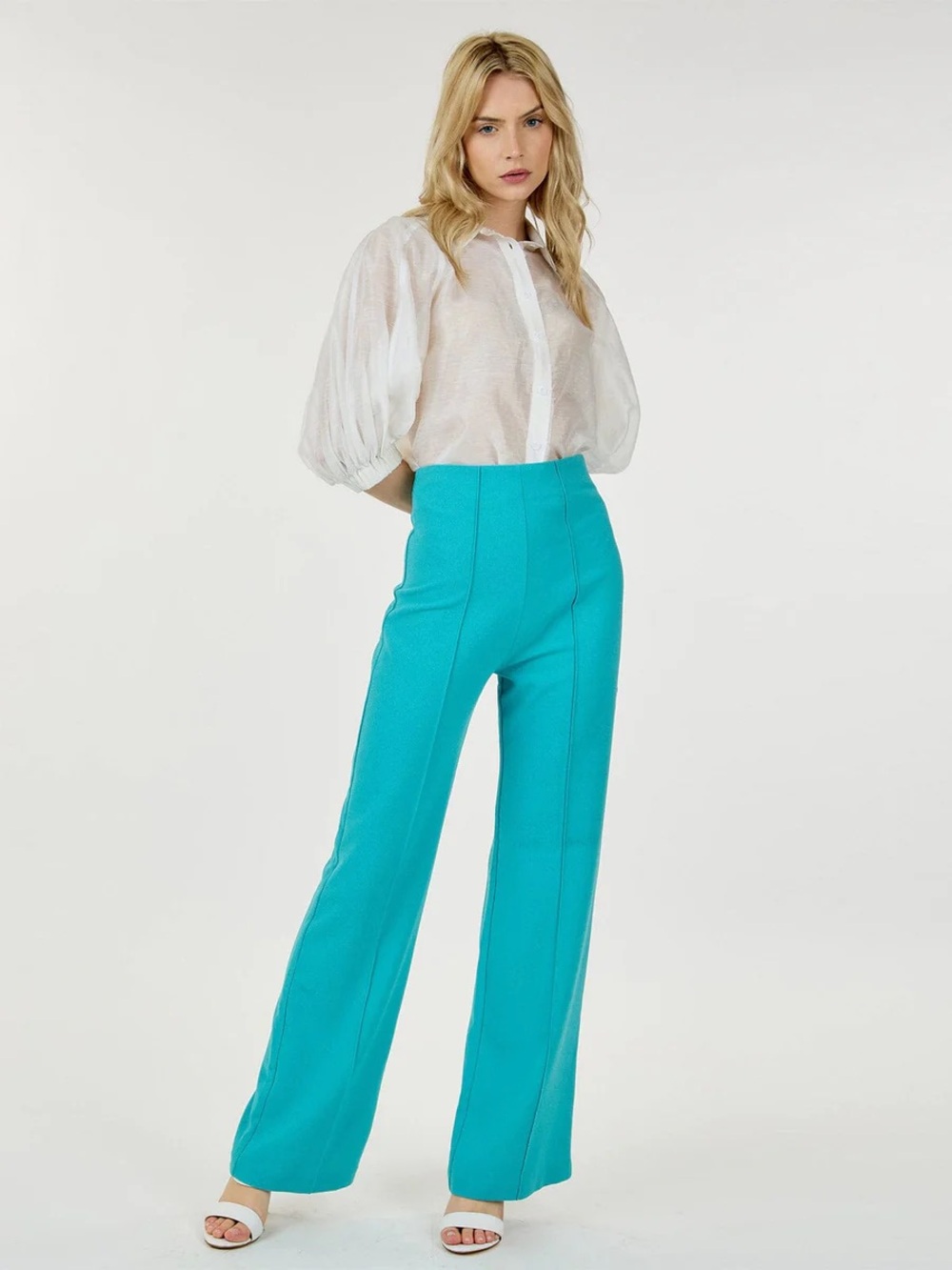 712. High-Waist Teal Wide-Leg Pants - Women
